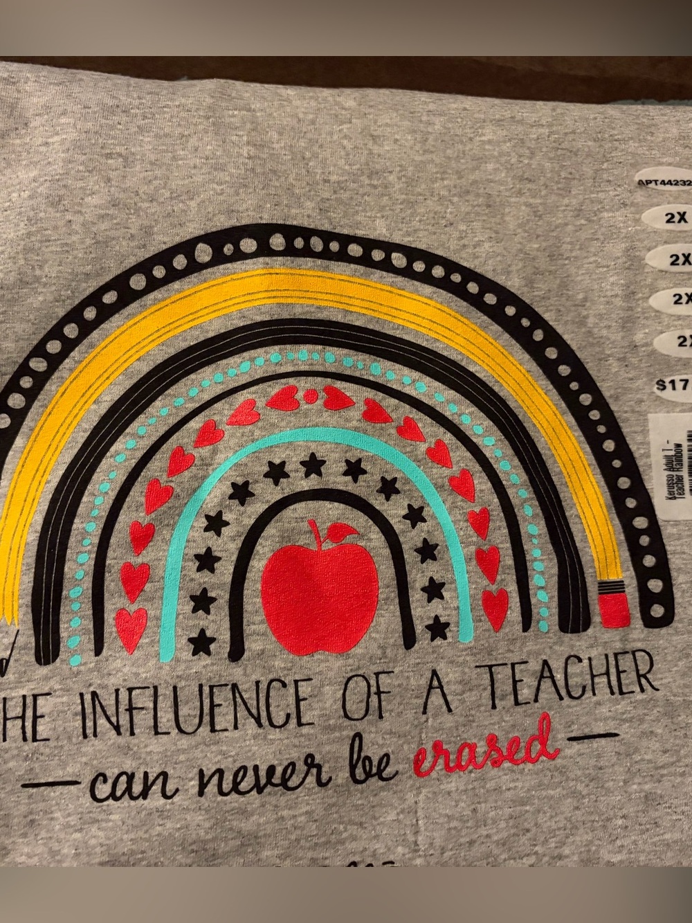 Grey Graphic Tee with Colorful Rainbow and Red Apple